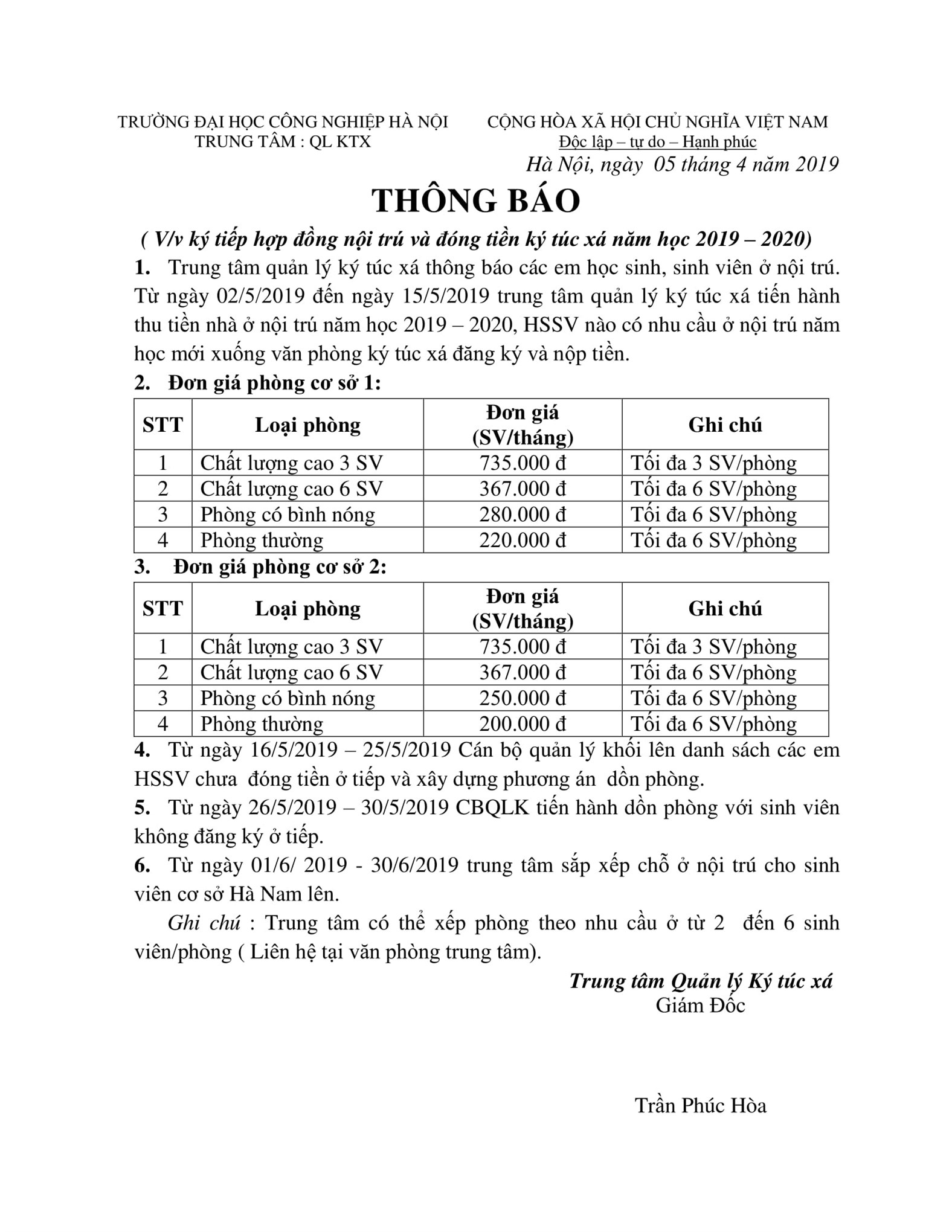 VỀ VIỆC KÝ TIẾP HỢP ĐỒNG NỘI TRÚ NĂM HỌC 2019-2020