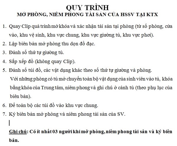 THÀNH LẬP TỔ CÔNG TÁC, TIẾN HÀNH MỞ PHÒNG, DỌN ĐỒ VÀ NIÊM PHONG ĐỂ BẢO QUẢN TÀI SẢN CỦA SINH VIÊN