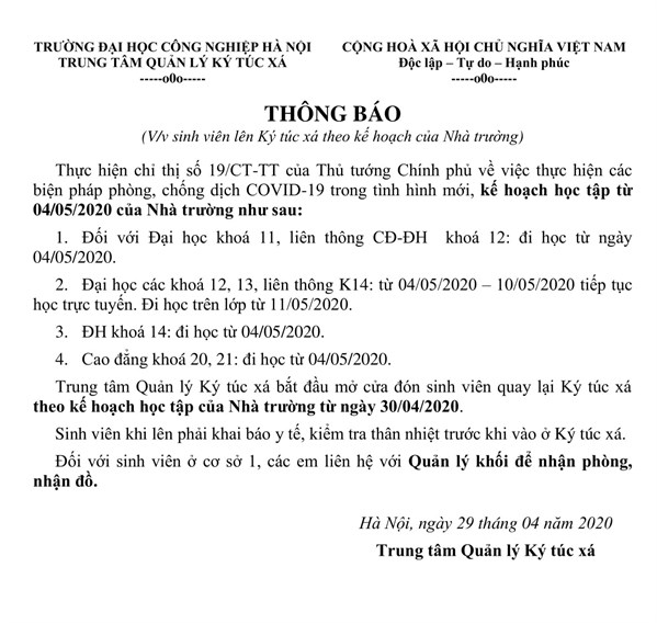 KÝ TÚC XÁ MỞ CỬA ĐÓN SINH VIÊN TỪ NGÀY 30/04/2020, THEO KẾ HOẠCH HỌC TẬP CỦA NHÀ TRƯỜNG.