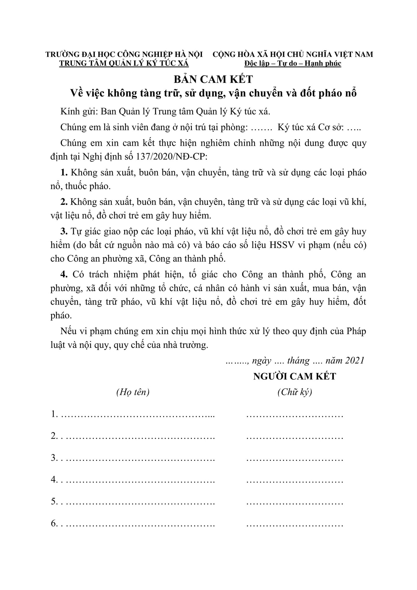 SINH VIÊN TRUNG TÂM QUẢN LÝ KÝ TÚC XÁ KÝ CAM KẾT KHÔNG SỬ DỤNG CÁC LOẠI PHÁO NỔ, PHÁO HOA NỔ TRƯỚC THỀM TẾT NGUYÊN ĐÁN