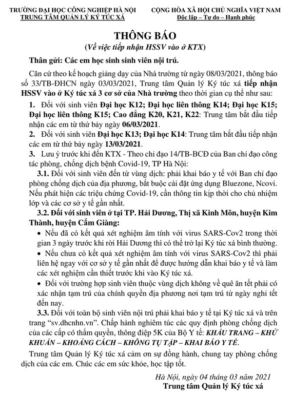 THÔNG BÁO VỀ VIỆC TIẾP NHẬN SV VÀO Ở KTX - THEO KẾ HOẠCH GIẢNG DẠY CỦA NHÀ TRƯỜNG TỪ NGÀY 08/03/2021, THÔNG BÁO SỐ 33/TB-ĐHCN.