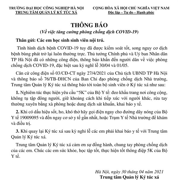 THÔNG BÁO VỀ VIỆC TĂNG CƯỜNG PHÒNG CHỐNG DỊCH COVID-19 - KỲ NGHỈ LỄ 30/04 VÀ 01/05