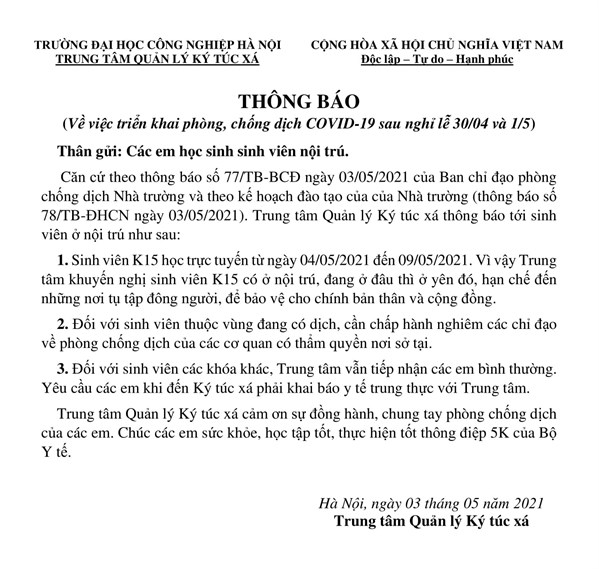 THÔNG BÁO KẾ HOẠCH ĐÓN SINH VIÊN LÊN KÝ TÚC XÁ SAU KỲ NGHỈ LỄ VÀ VIỆC TRIỂN KHAI PHÒNG CHỐNG DỊCH COVID-19