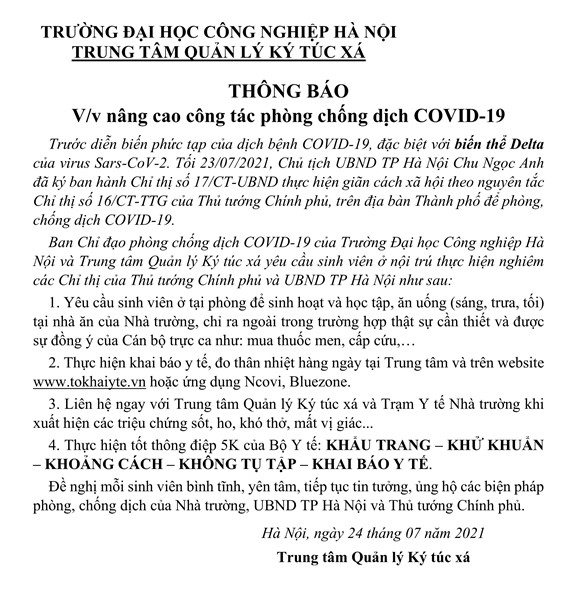 THÔNG BÁO VỀ VIỆC NÂNG CAO PHÒNG, CHỐNG DỊCH COVID-19 THEO CHỈ THỊ SỐ 17/CT-UBND CỦA CHỦ TỊCH UBND TP HÀ NỘI.