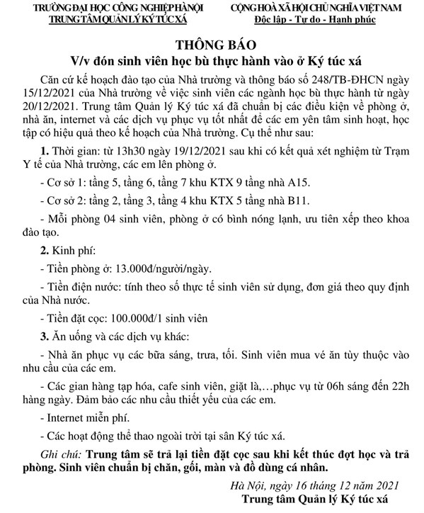 KÝ TÚC XÁ ĐÓN SINH VIÊN HỌC BÙ THỰC HÀNH TỪ NGÀY 19/12/2021