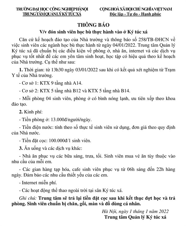 KÝ TÚC XÁ ĐÓN SINH VIÊN HỌC BÙ THỰC HÀNH TỪ NGÀY 03/01/2022 THEO KẾ HOẠCH ĐÀO TẠO NHÀ TRƯỜNG