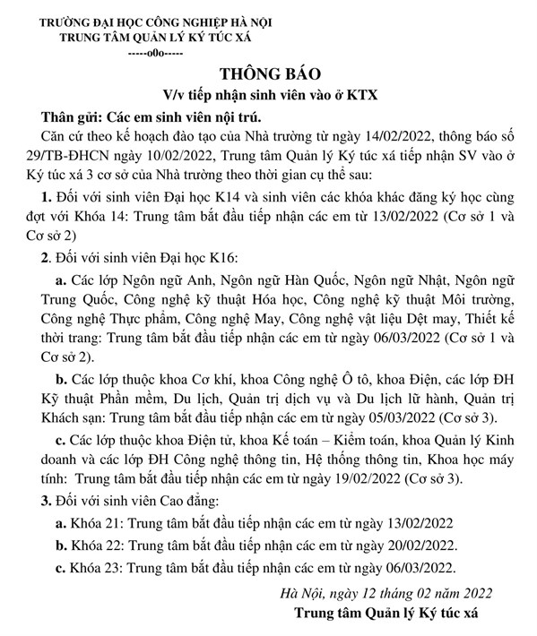 THÔNG BÁO VỀ VIỆC TIẾP NHẬN SINH VIÊN THEO KẾ HOẠCH ĐÀO TẠO CỦA NHÀ TRƯỜNG, THÔNG BÁO SỐ 29/TB-ĐHCN