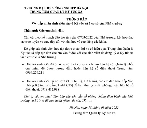 THÔNG BÁO VỀ VIỆC ĐÓN SINH VIÊN VÀO Ở KÝ TÚC XÁ