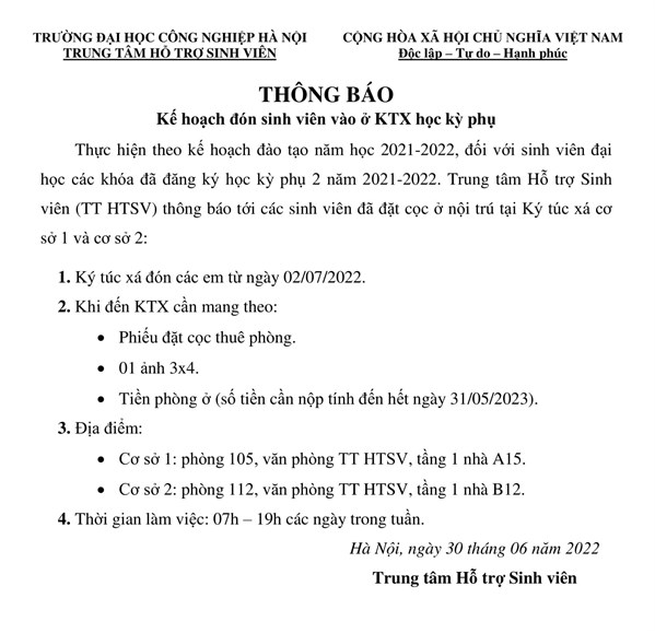 THÔNG BÁO VỀ VIỆC ĐÓN SINH VIÊN VÀO Ở KÝ TÚC XÁ HỌC KỲ PHỤ 2 - NĂM HỌC 2022-2023