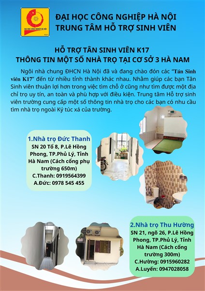 HỖ TRỢ TÂN SINH VIÊN K17 - THÔNG TIN MỘT SỐ NHÀ TRỌ TẠI CƠ SỞ 3 HÀ NAM