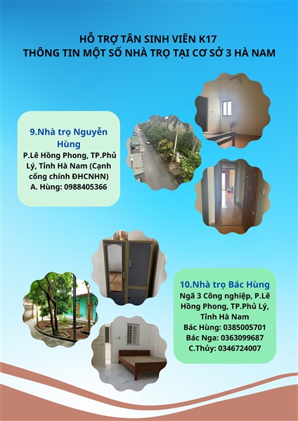 HỖ TRỢ TÂN SINH VIÊN K17 - THÔNG TIN MỘT SỐ NHÀ TRỌ TẠI CƠ SỞ 3 HÀ NAM