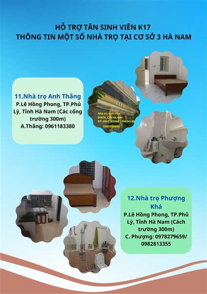 HỖ TRỢ TÂN SINH VIÊN K17 - THÔNG TIN MỘT SỐ NHÀ TRỌ TẠI CƠ SỞ 3 HÀ NAM