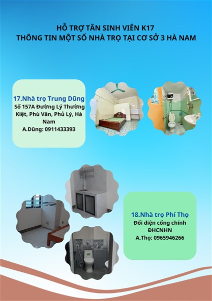 HỖ TRỢ TÂN SINH VIÊN K17 - THÔNG TIN MỘT SỐ NHÀ TRỌ TẠI CƠ SỞ 3 HÀ NAM