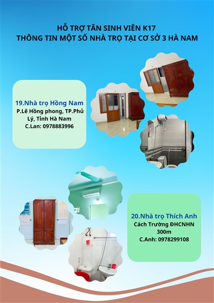 HỖ TRỢ TÂN SINH VIÊN K17 - THÔNG TIN MỘT SỐ NHÀ TRỌ TẠI CƠ SỞ 3 HÀ NAM