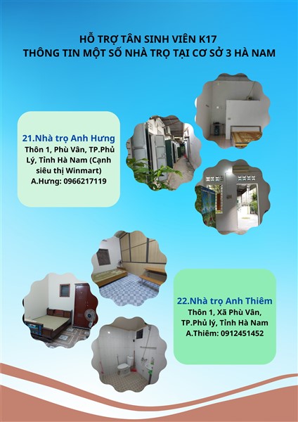 HỖ TRỢ TÂN SINH VIÊN K17 - THÔNG TIN MỘT SỐ NHÀ TRỌ TẠI CƠ SỞ 3 HÀ NAM