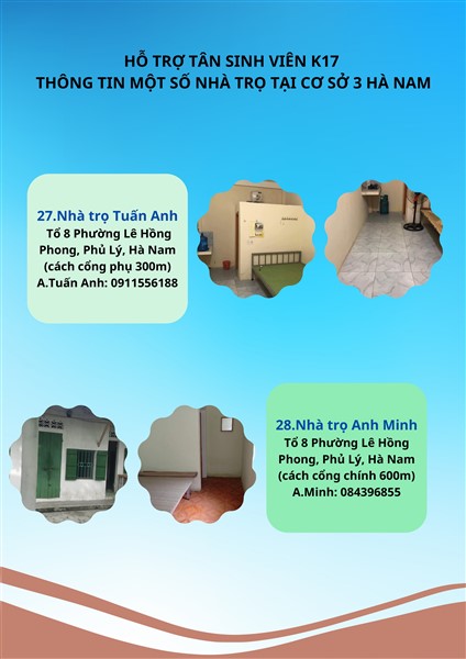 HỖ TRỢ TÂN SINH VIÊN K17 - THÔNG TIN MỘT SỐ NHÀ TRỌ TẠI CƠ SỞ 3 HÀ NAM