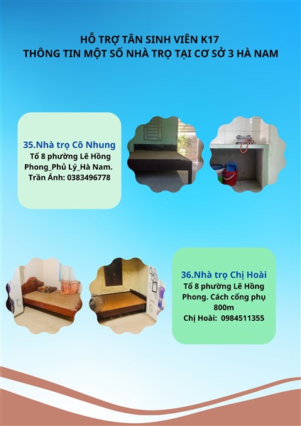 HỖ TRỢ TÂN SINH VIÊN K17 - THÔNG TIN MỘT SỐ NHÀ TRỌ TẠI CƠ SỞ 3 HÀ NAM