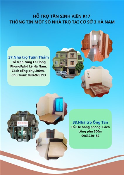 HỖ TRỢ TÂN SINH VIÊN K17 - THÔNG TIN MỘT SỐ NHÀ TRỌ TẠI CƠ SỞ 3 HÀ NAM