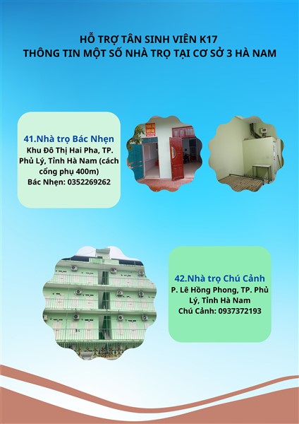 HỖ TRỢ TÂN SINH VIÊN K17 - THÔNG TIN MỘT SỐ NHÀ TRỌ TẠI CƠ SỞ 3 HÀ NAM