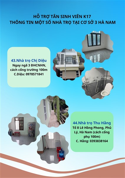 HỖ TRỢ TÂN SINH VIÊN K17 - THÔNG TIN MỘT SỐ NHÀ TRỌ TẠI CƠ SỞ 3 HÀ NAM