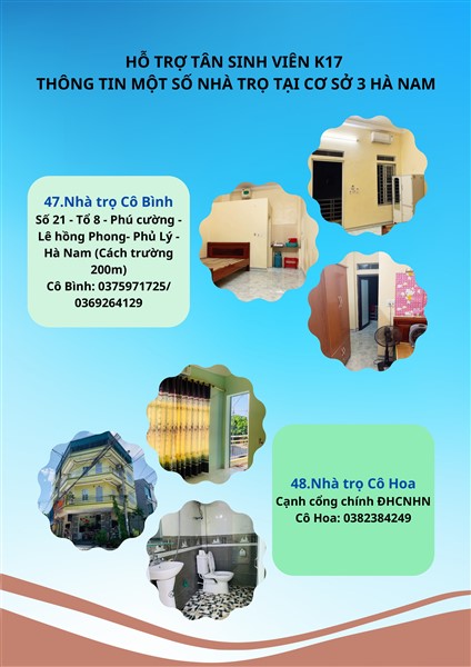 HỖ TRỢ TÂN SINH VIÊN K17 - THÔNG TIN MỘT SỐ NHÀ TRỌ TẠI CƠ SỞ 3 HÀ NAM