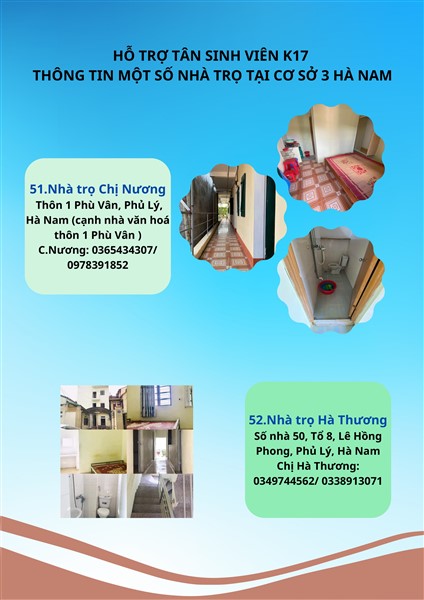 HỖ TRỢ TÂN SINH VIÊN K17 - THÔNG TIN MỘT SỐ NHÀ TRỌ TẠI CƠ SỞ 3 HÀ NAM