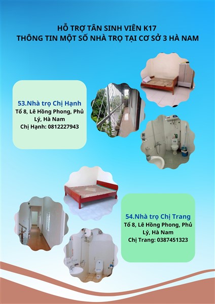 HỖ TRỢ TÂN SINH VIÊN K17 - THÔNG TIN MỘT SỐ NHÀ TRỌ TẠI CƠ SỞ 3 HÀ NAM