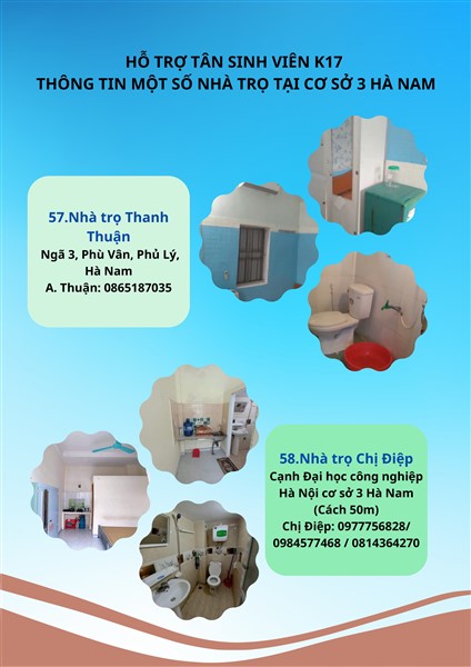 HỖ TRỢ TÂN SINH VIÊN K17 - THÔNG TIN MỘT SỐ NHÀ TRỌ TẠI CƠ SỞ 3 HÀ NAM