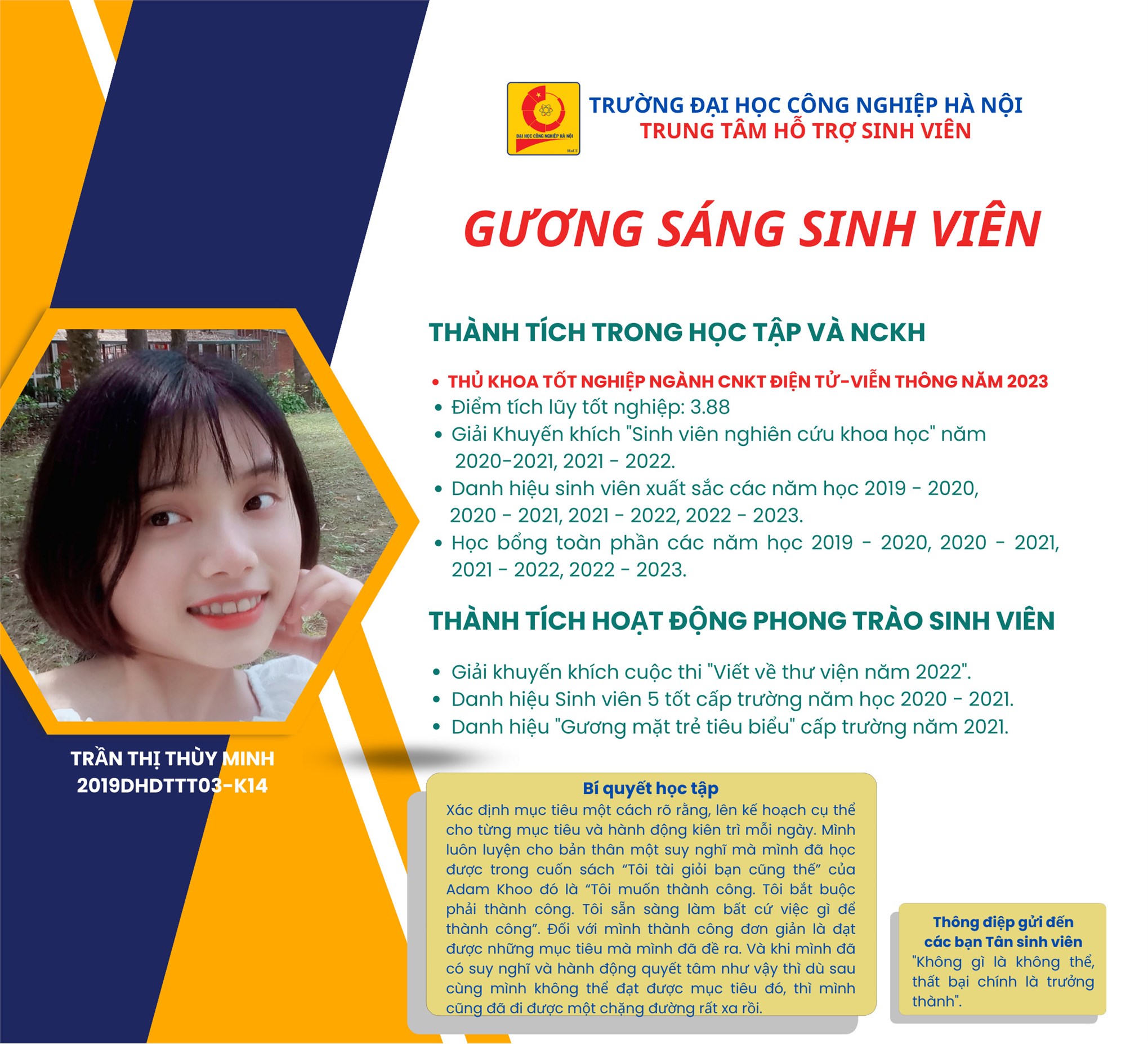 Trần Thị Thùy Minh - Thủ khoa tốt nghiệp ngành ĐTVT 2023: Thất bại là trưởng thành