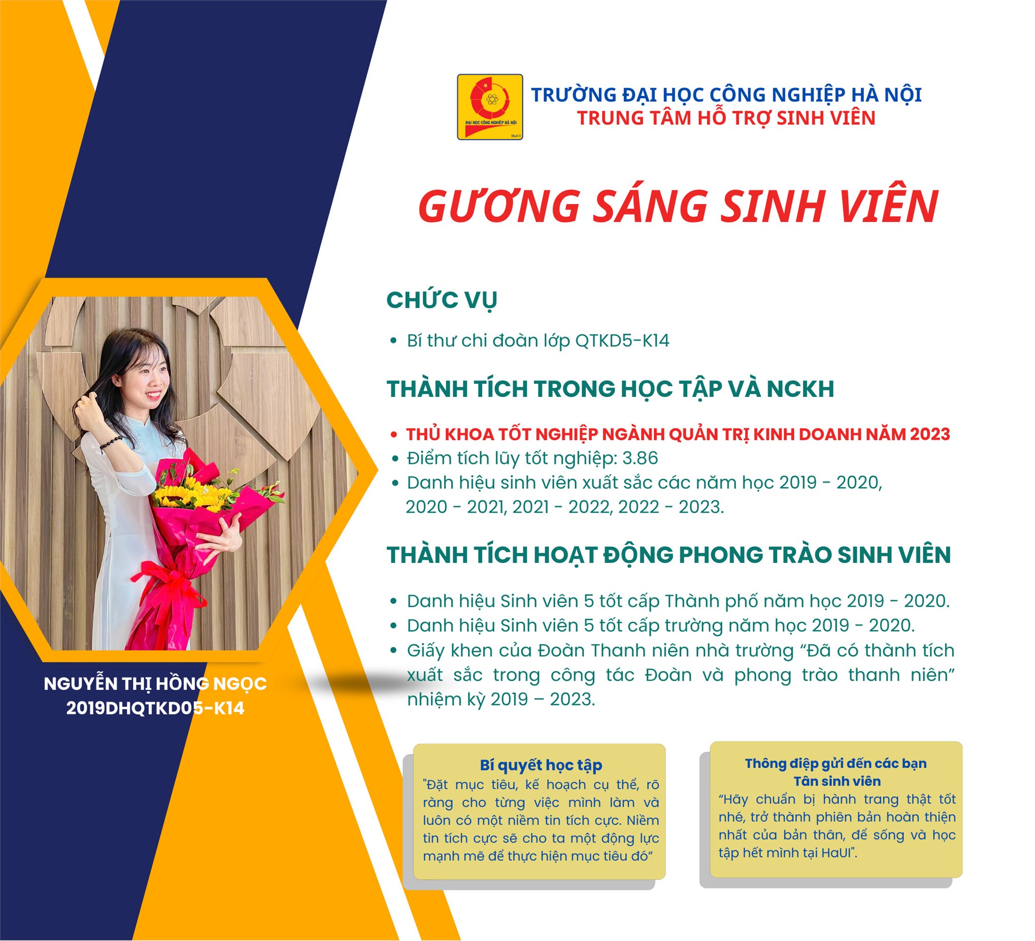 Nguyễn Thị Hồng Ngọc - Thủ khoa tốt nghiệp ngành QTKD 2023: Hãy trở thành phiên bản hoàn thiện nhất của bản thân