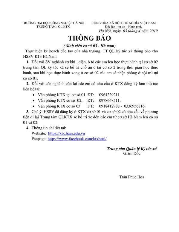 THÔNG BÁO DÀNH CHO SINH VIÊN K13 - CƠ SỞ HÀ NAM