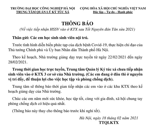 THÔNG BÁO VỀ VIỆC TIẾP NHẬN HSSV VÀO Ở KTX SAU TẾT NGUYÊN ĐÁN TÂN SỬU 2021