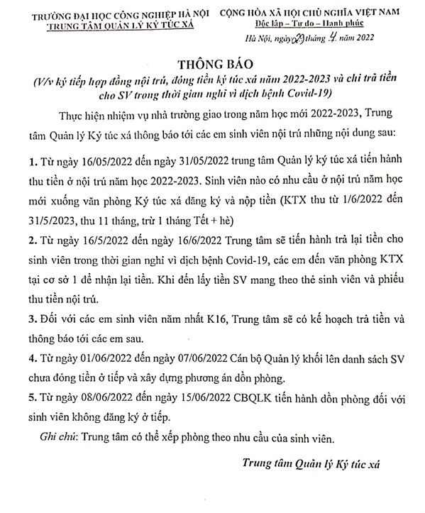 THÔNG BÁO VỀ VIỆC KÝ TIẾP HỢP ĐỒNG NỘI TRÚ NĂM HỌC 2022-2023